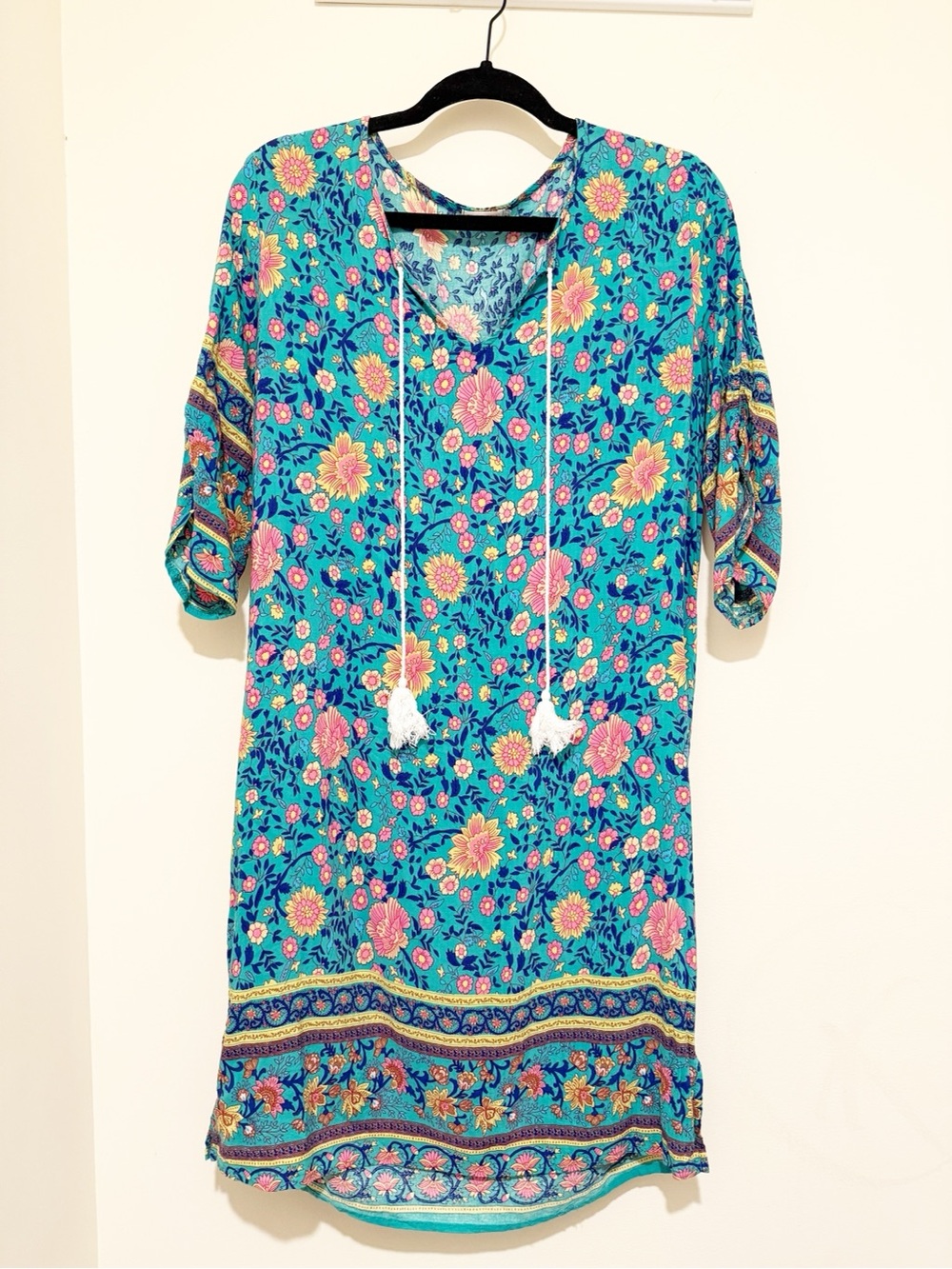 Teal Floral Midi Dress with Tassel Tie